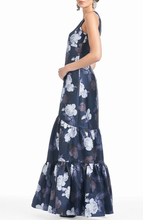 Sachin & Babi Rori Floral Print Ruffle Hem Mikado Gown In Midnight Glacial Rose