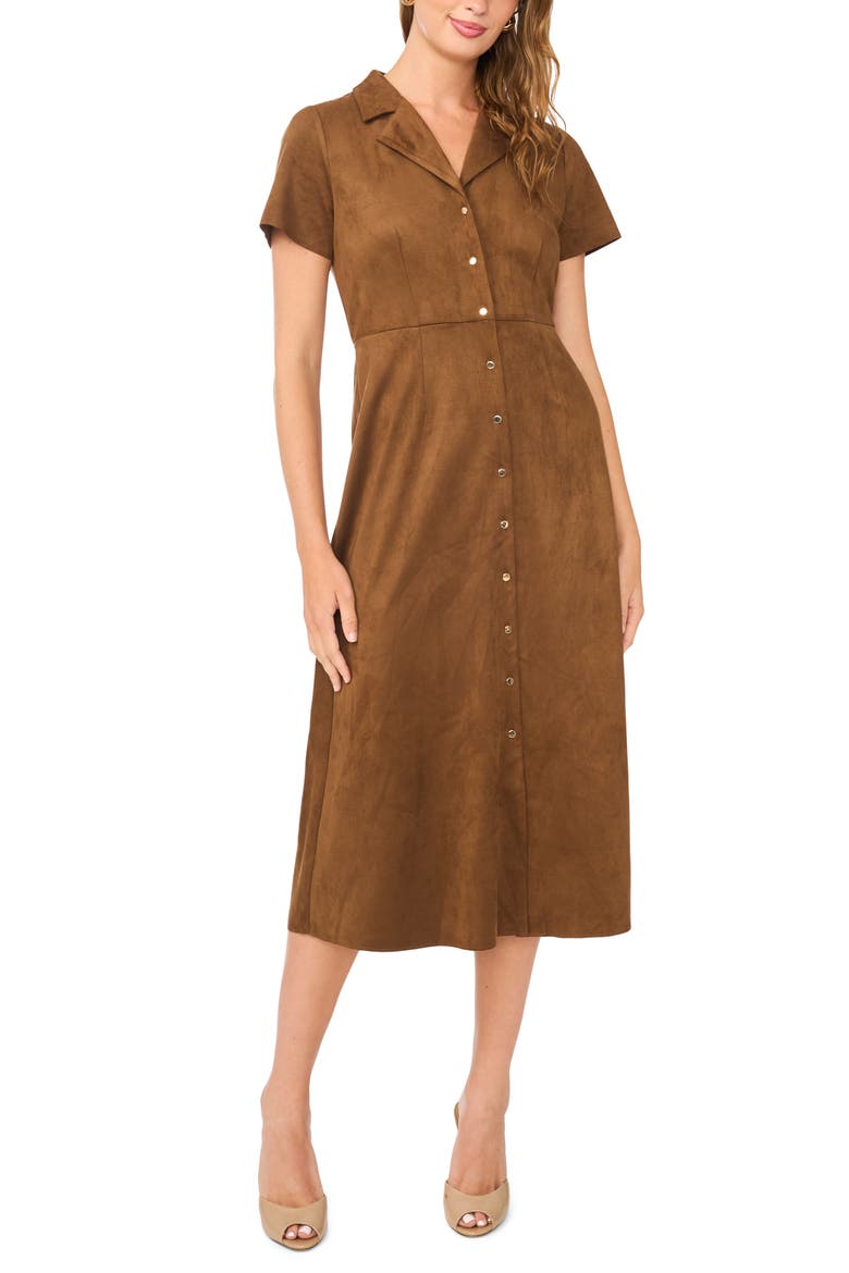 Short Sleeve Faux Suede Midi Shirtdress, Main, color, TOASTED
