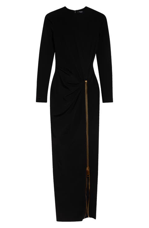 Long Sleeve Draped Zip Compact Jersey Maxi Dress