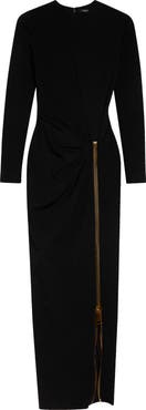 Balmain Long Sleeve Draped Zip Compact Jersey Maxi Dress