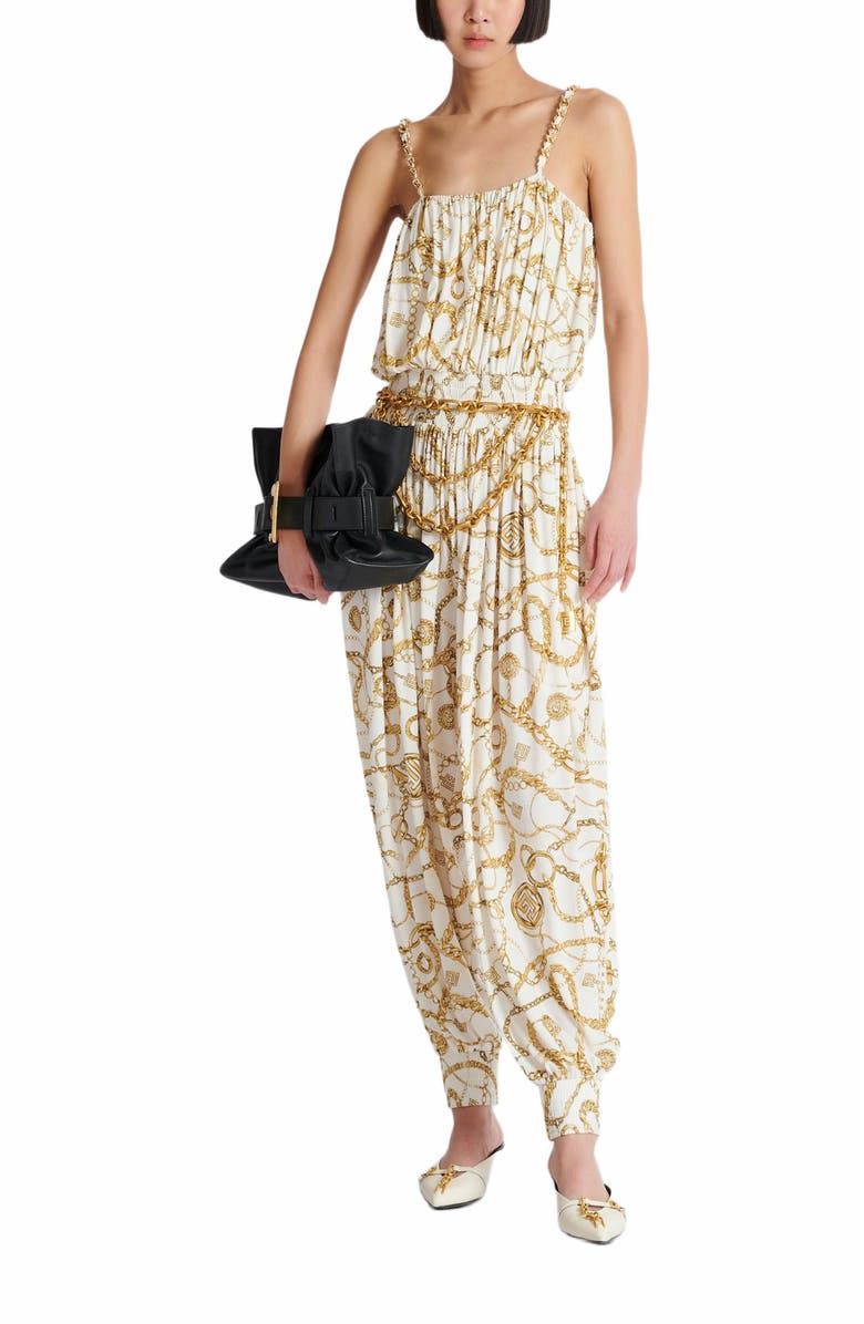 Balmain Flowing Printed Jumpsuit With Balmain Chains Pattern, Alternate, color, Gold