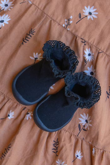 Toddler Girl Sock Shoes Lace Trim - Black