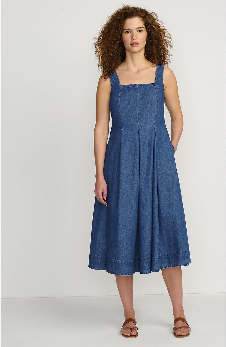 Lands' End Pleated Square Neck Cotton Poplin Midi Dress, Main, color, Lima Blue