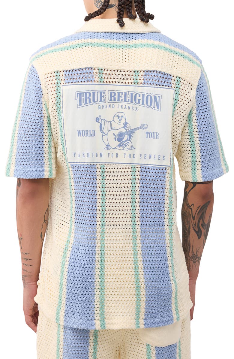 True Religion OG Stitch Camp Shirt, Alternate, color, Winter White / Blue Bell