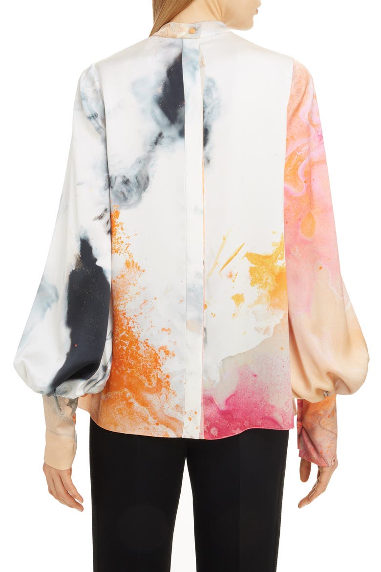 Print Bishop Sleeve Silk Blouse, Alternate, color, ORANGE EXPLOSION PRINT