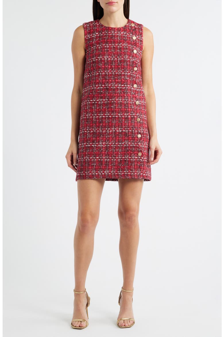 Scalloped Sleeveless Tweed Shift Dress, Main, color, RED