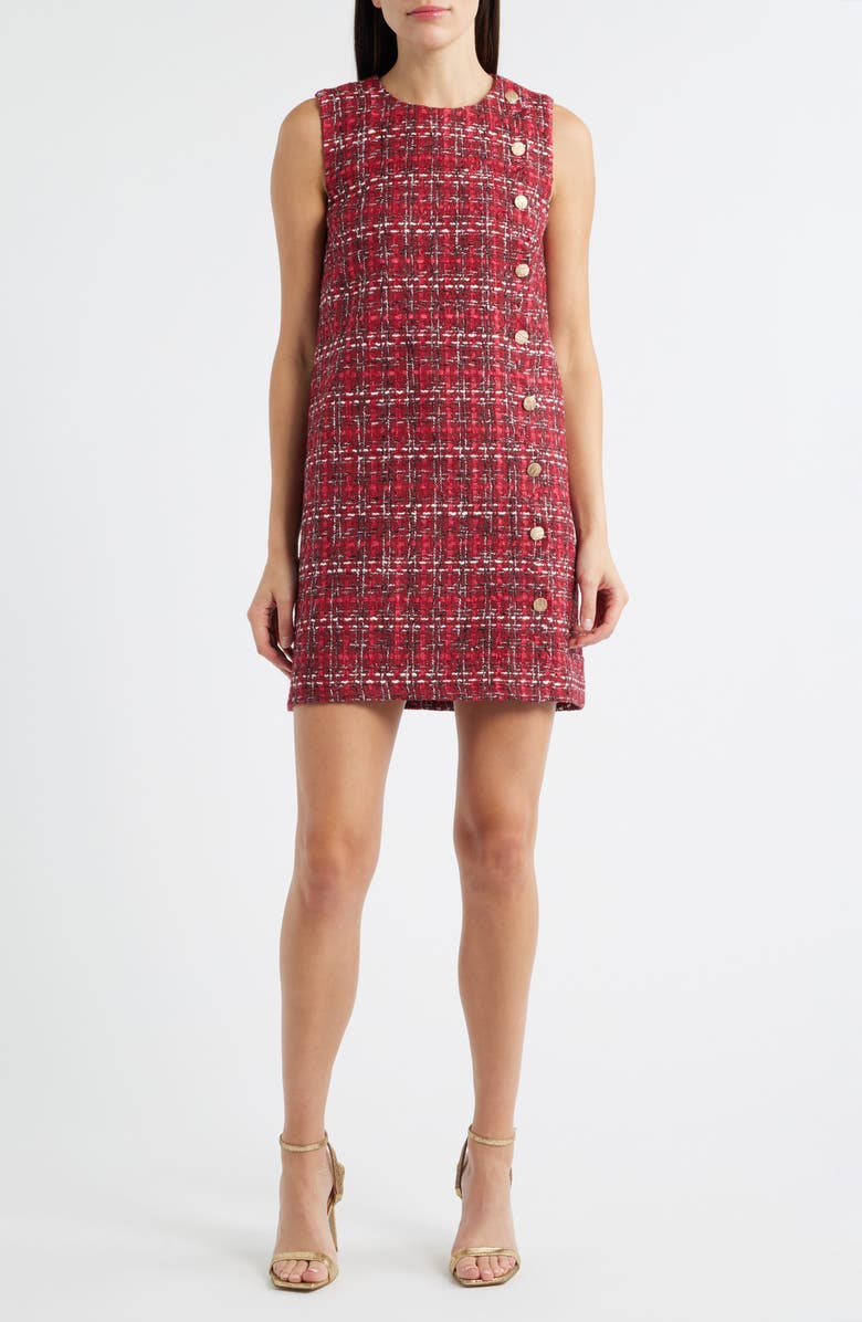 ZOE AND CLAIRE Scalloped Sleeveless Tweed Shift Dress, Main, color, Red