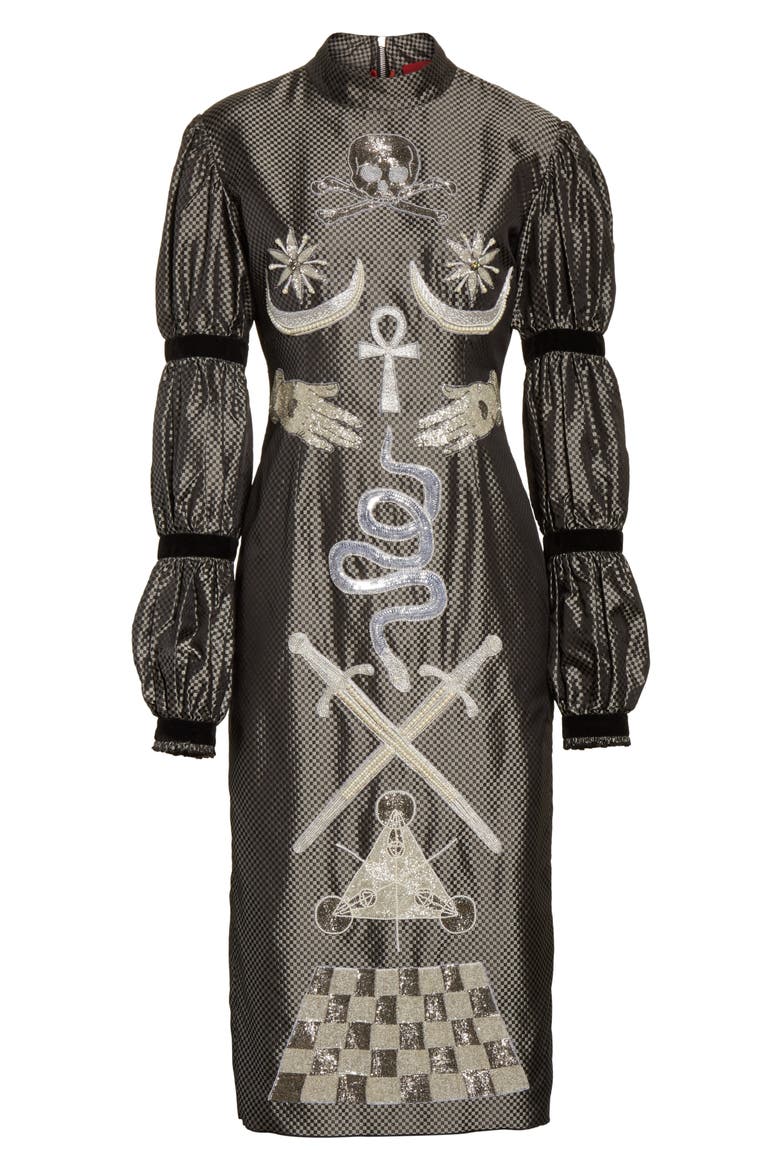 Alien Goddess Embellished Silk Dress, Alternate, color, SILVER