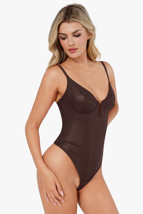 Shop Popilush Shapewear Faux Leather Plunging V Sculpting Corset Bodysuit In Cocoa
