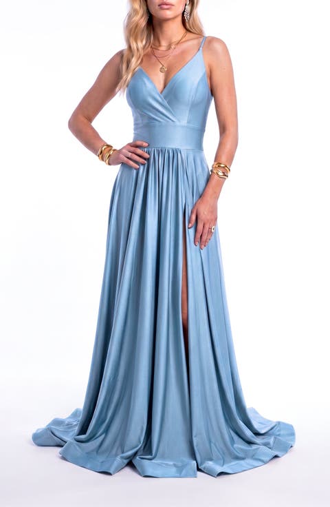 Cross Front Neck Empire Waist Satin Gown