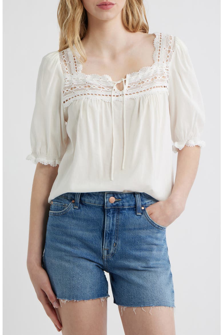 新品Reformation パフスリーブトップス Reformation Wildflower Lace Trim Puff Sleeve Organic Cotton Blend
