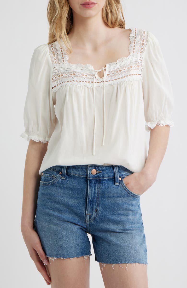 Reformation Wildflower Lace Trim Puff Sleeve Organic Cotton Blend Top, Main, color, White