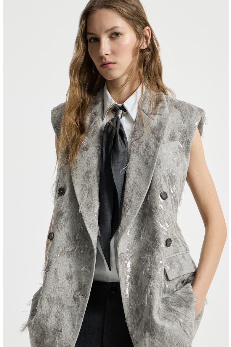 Virgin wool and cashmere twill flannel vest with dazzling lynx embroidery, Alternate, color, Grey