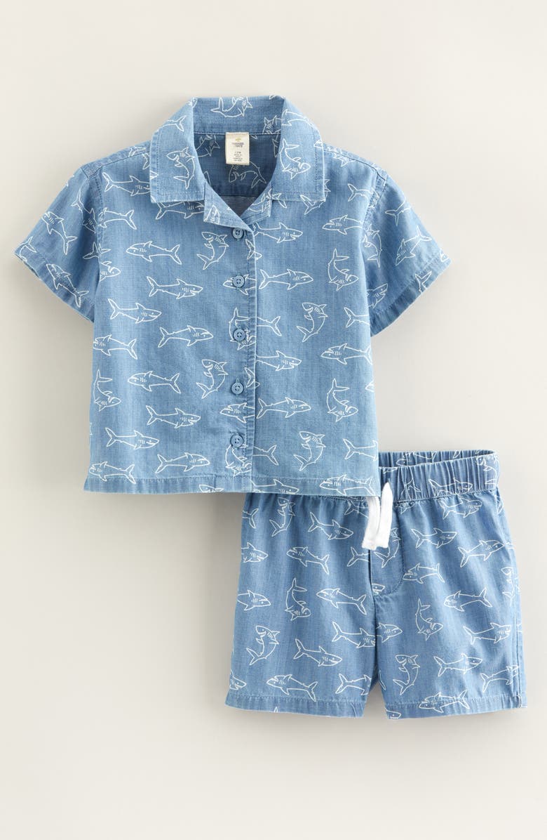 Tucker + Tate Camp Shirt & Drawstring Shorts Set, Main, color, Blue Wash Happy Shark