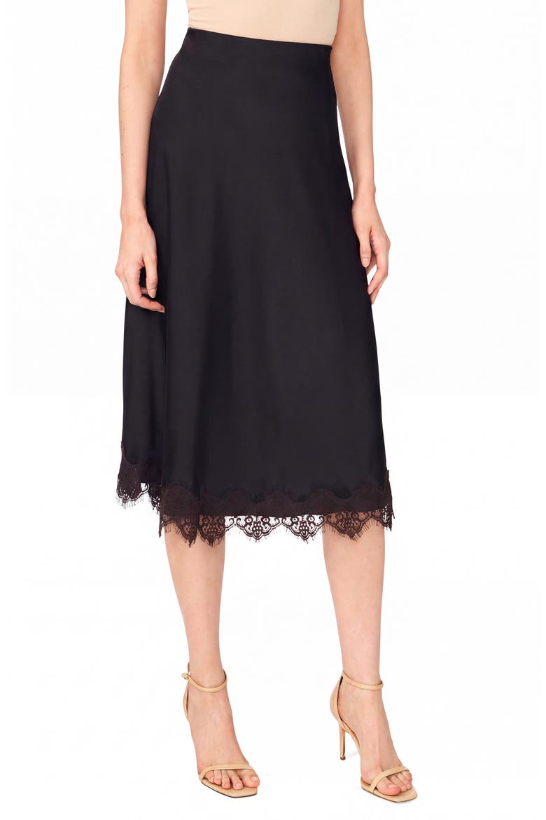 Lace Trim Satin Skirt, Main, color, RICH BLACK