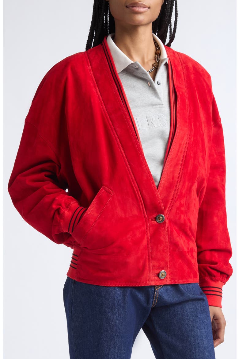Lambskin Suede V-Neck Blouson Jacket, Alternate, color, RED MATISSE