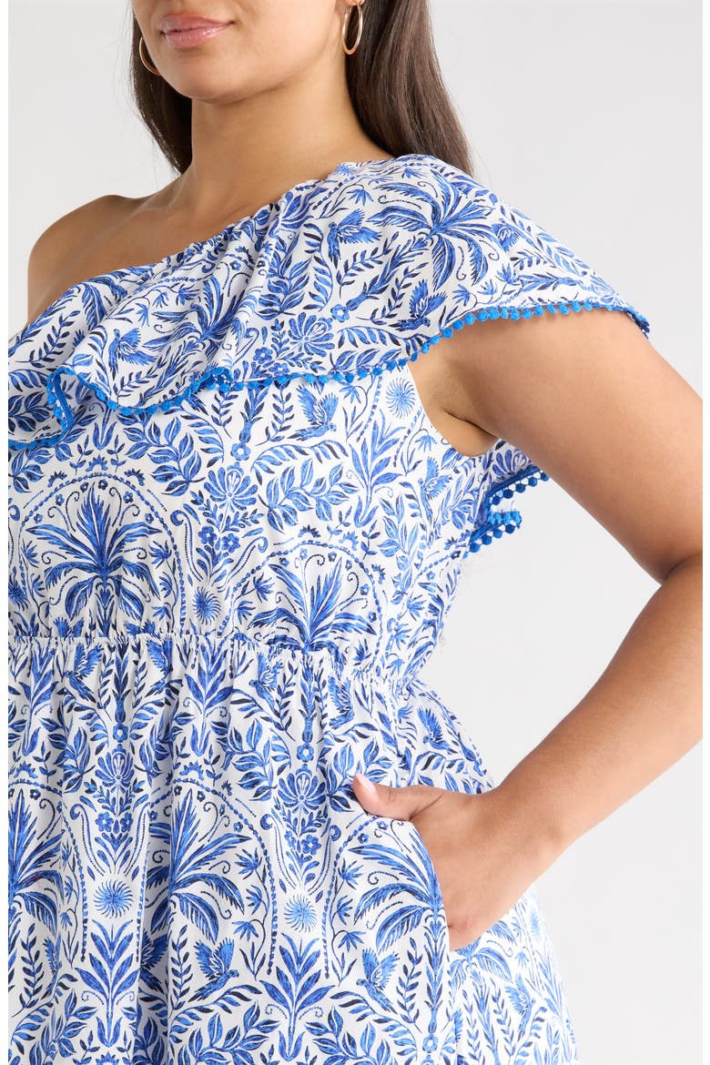 Romina Tropical Suraya One-Shoulder Cotton Midi Dress, Alternate, color, BLUE-WHITE-MULTI