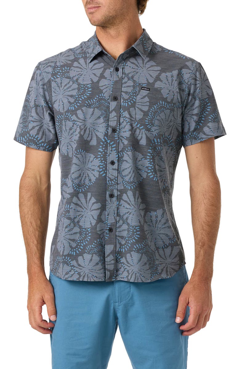 O'Neill UPF Slub Standard Short Sleeve Performance Button-Up Shirt, Main, color, Black