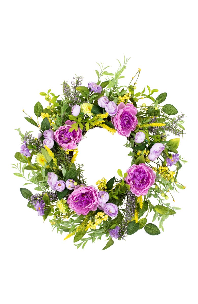 Northlight Peony Mixed Floral Springtime Wreath - 24" - Purple and Yellow, Alternate, color, Purple