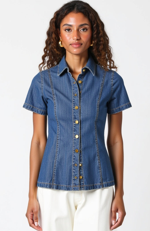 Modenaire Fitted Denim Short-sleeve Button-front Shirt In Blue