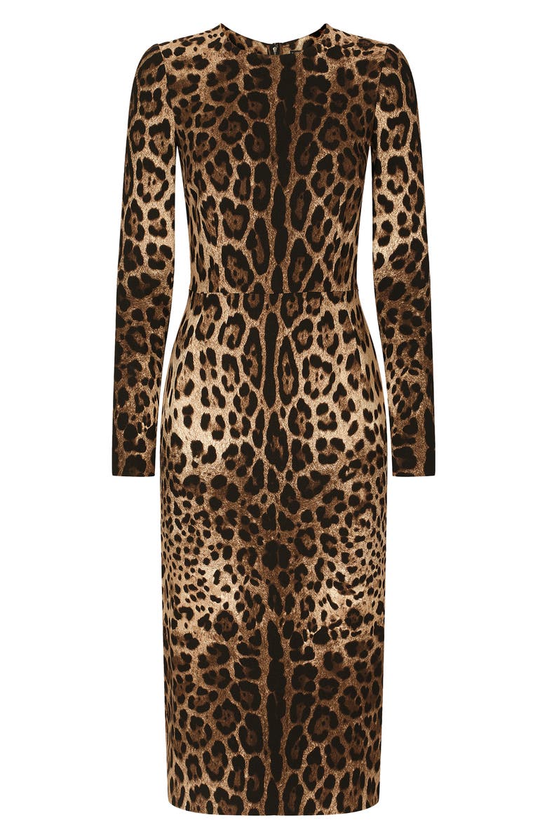 Dolce&Gabbana Leopard Print Long Sleeve Sheath Dress, Alternate, color, Light Brown