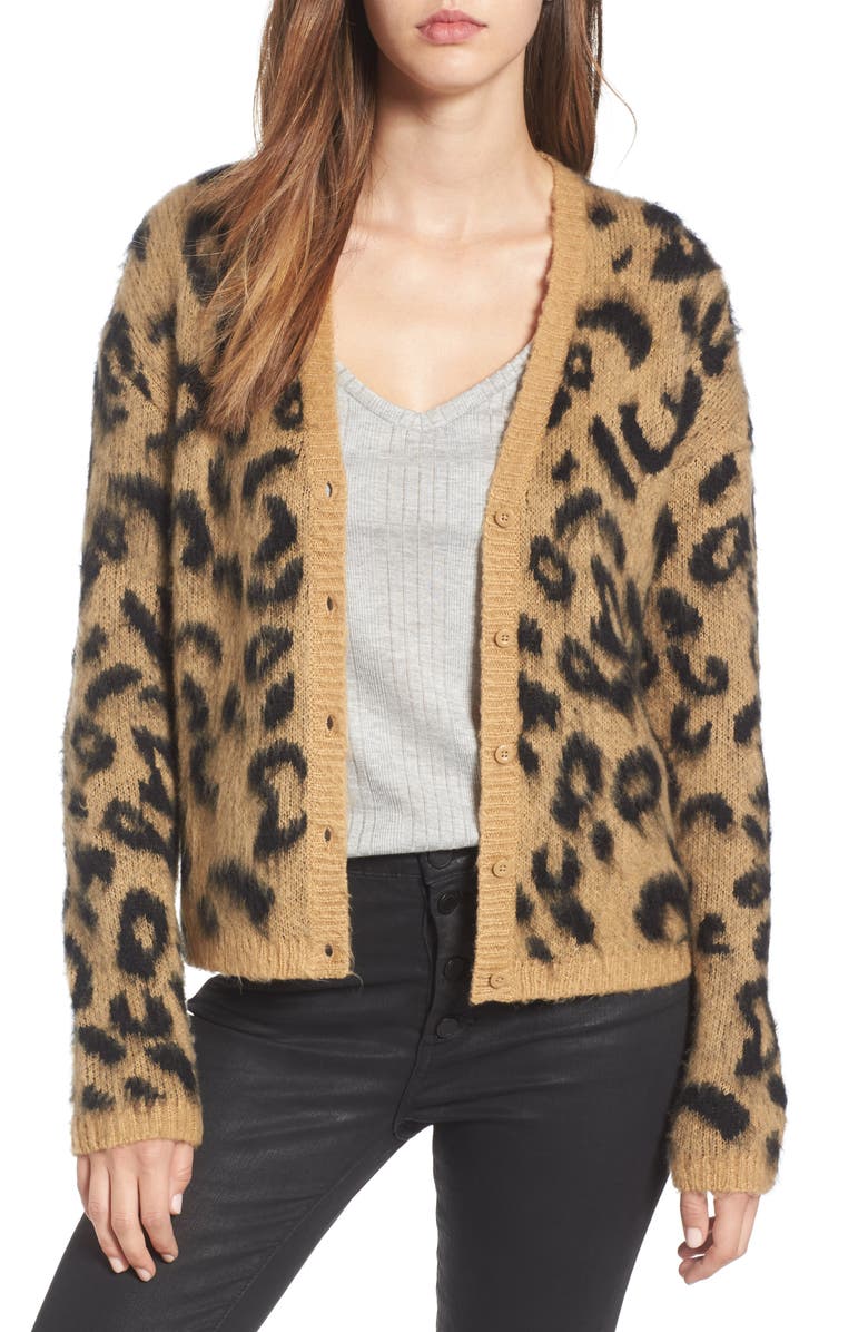 BP. Leopard Print Jacquard Cardigan, Main, color,