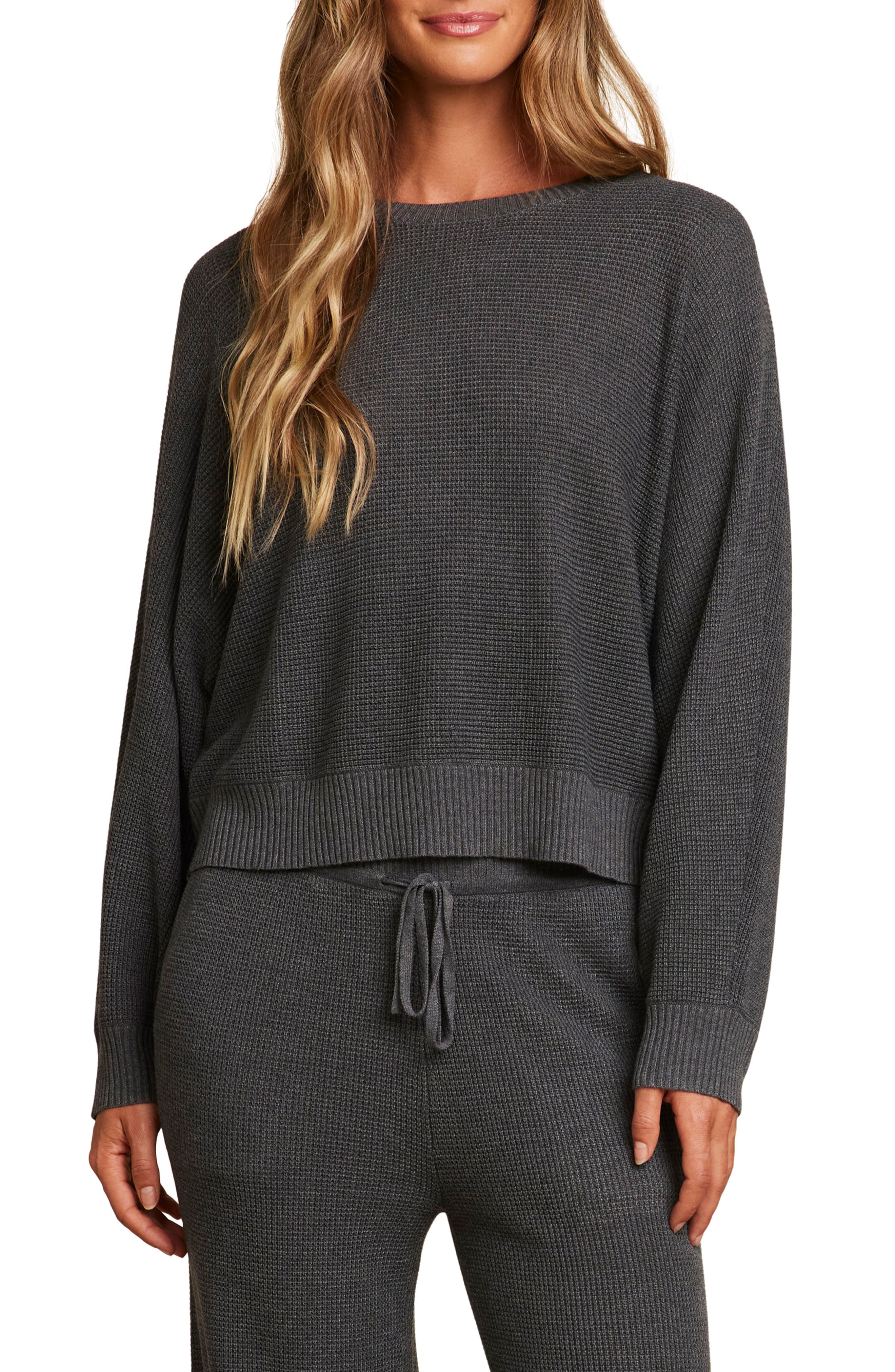 Barefoot Dreams Mens Malibu Waffle Knit Raglan Pullover in Carbon L