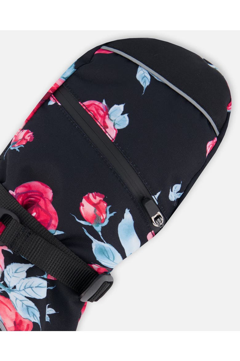 Little Girl's Technical Mittens Black Printed Roses, Alternate, color, Printed Roses