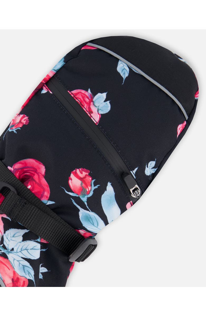 Deux par Deux Girl's Technical Mittens Black Printed Roses, Alternate, color, 