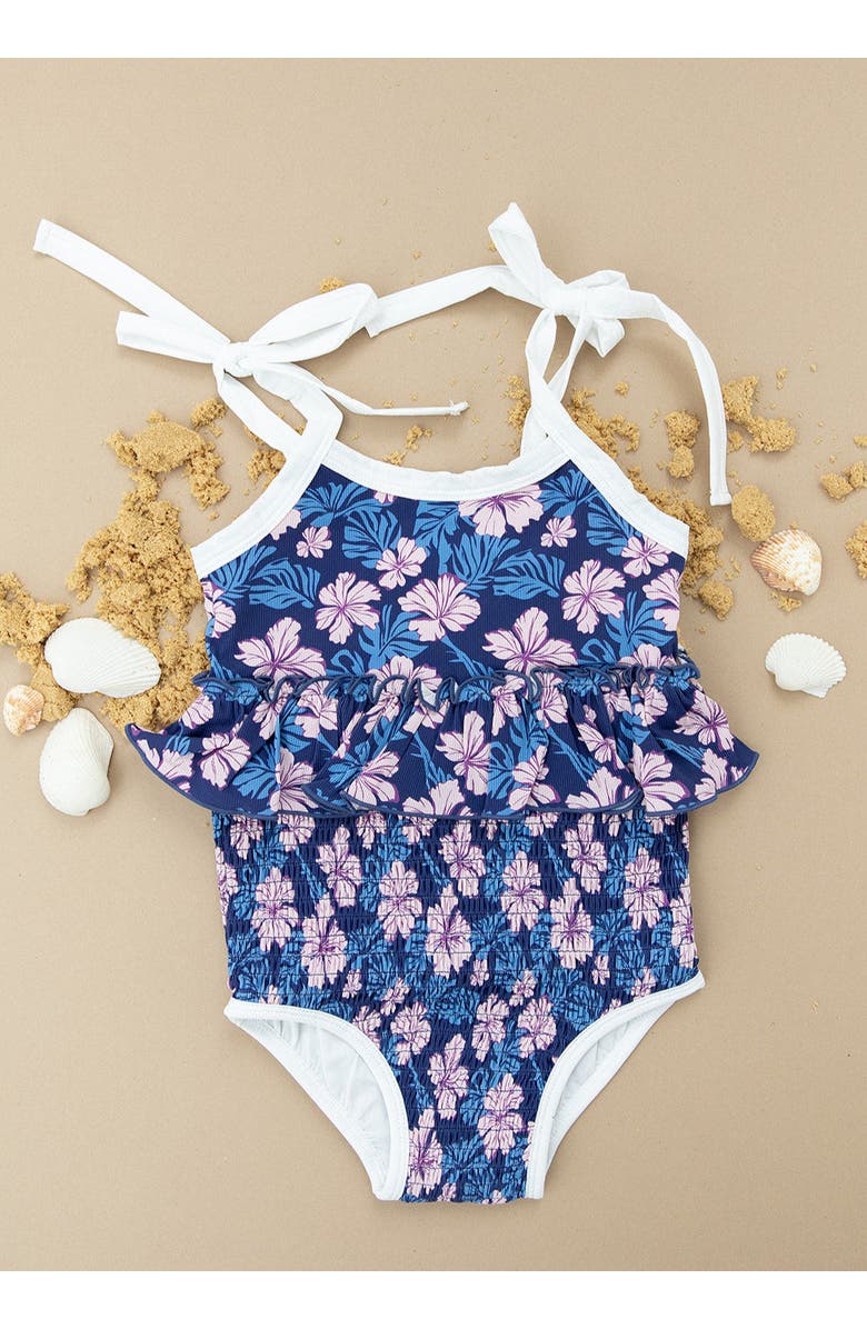 Charlie Lou Baby<sup>®</sup> Twilight Blossoms Smocked One Peice Swimsuit, Main, color, Blue And Pink