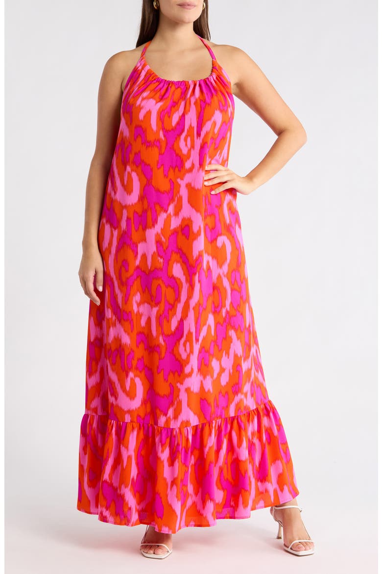 Charly Abstract Solita Halter Maxi Dress, Main, color, ORANGE FUCHSIA
