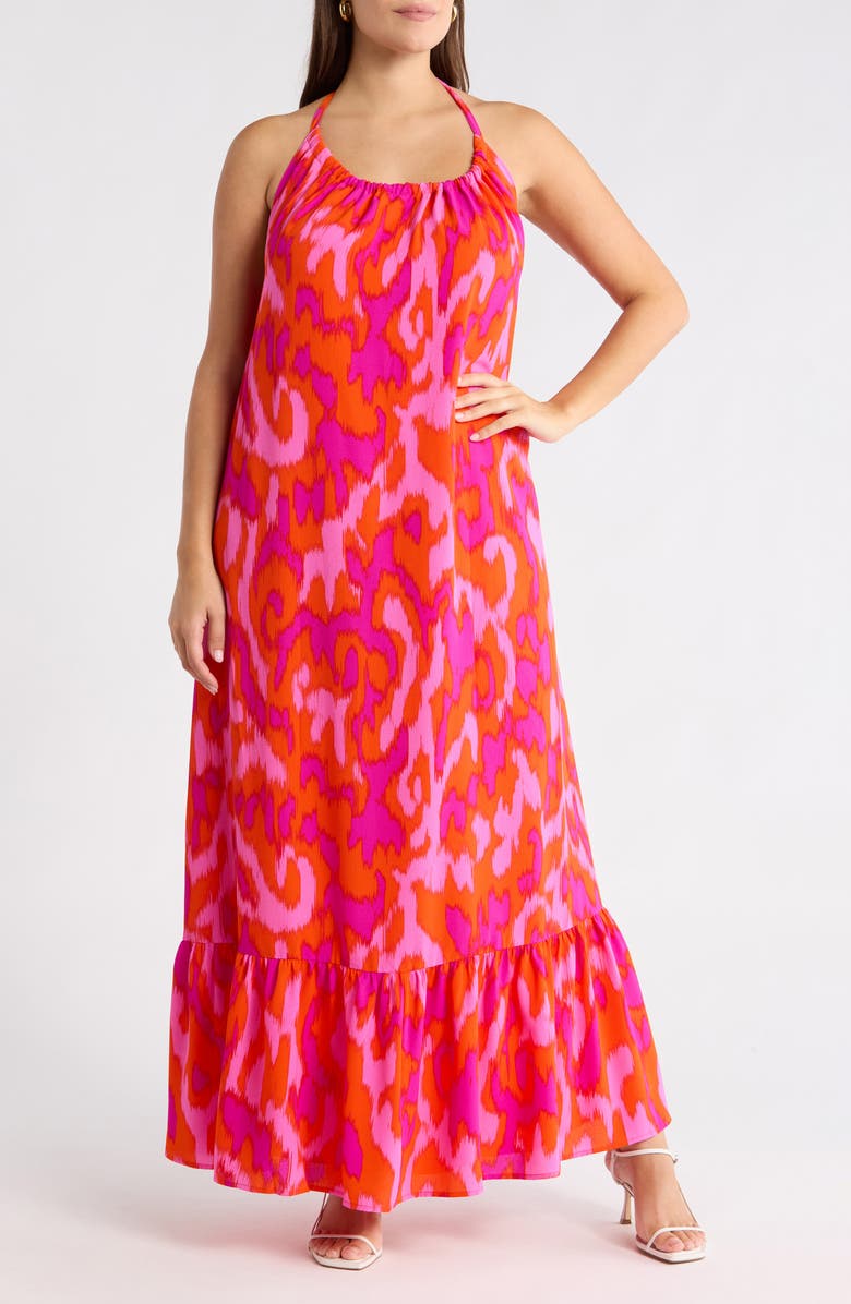 SUGARLIPS Charly Abstract Solita Halter Maxi Dress, Main, color, Orange Fuchsia