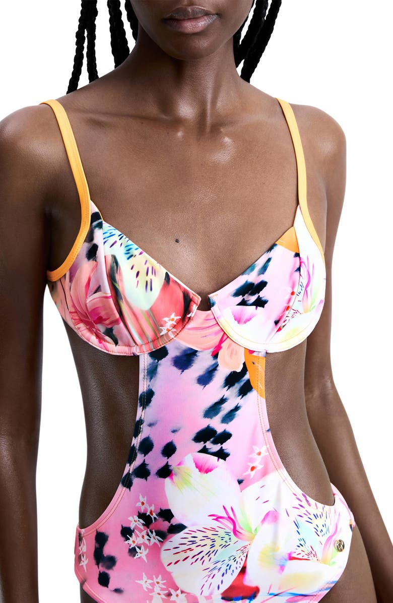 Desigual Cutout Underwire One-Piece Swimsuit, Alternate, color, Yellow