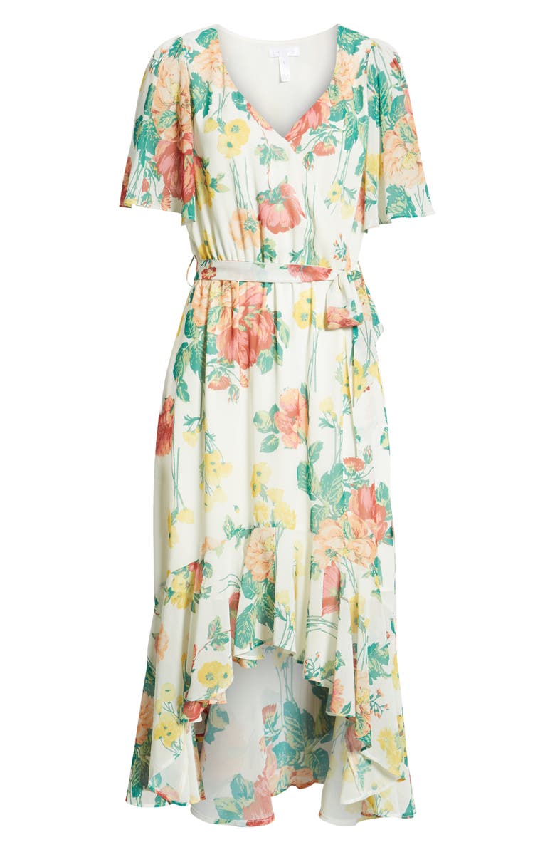 Leith Flutter Sleeve High/Low Dress, Alternate, color, Ivory Bold Rose