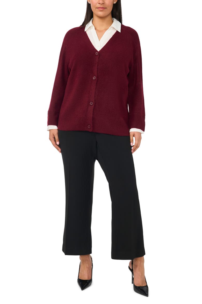 Mixed Media Twofer V-Neck Cardigan, Alternate, color, CRISP MERLOT