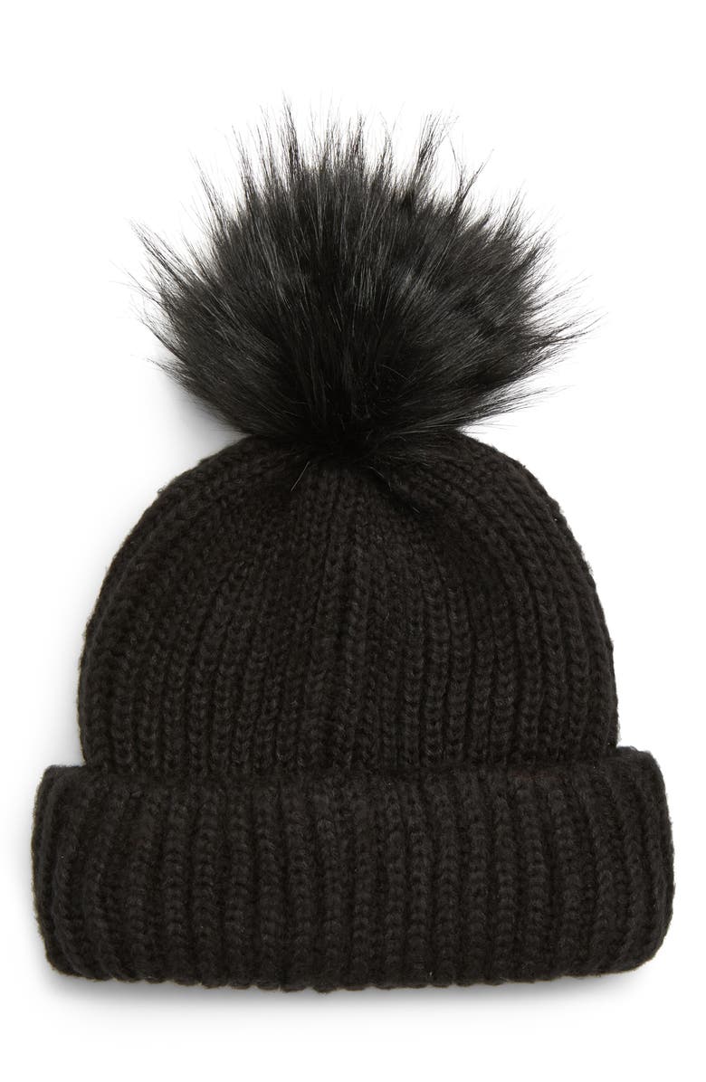 Topshop Faux Fur Pompom Beanie, Main, color, 