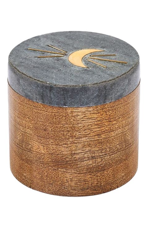 Indukala Moon Phase Round Keepsake Box - Black Marble, Wood, Brass