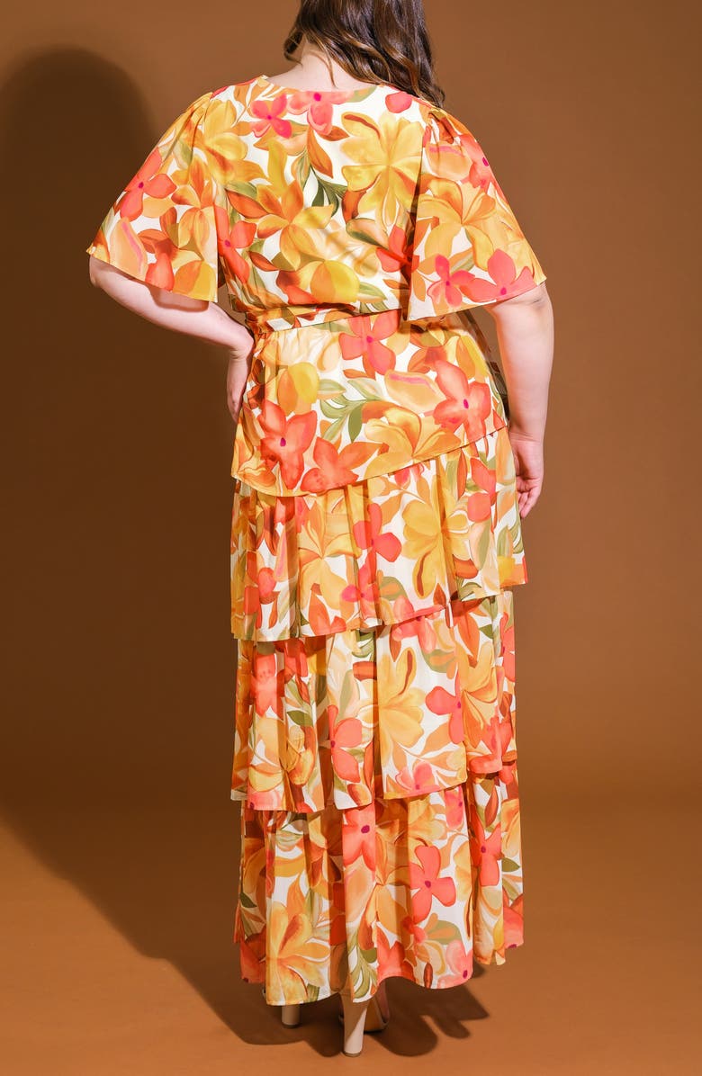 FLYING TOMATO Printed Tie Waist Tiered Maxi Dress, Alternate, color, Ivory Mustard