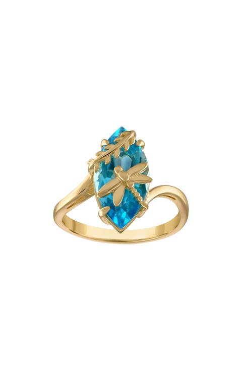 14K Gold Plated Sterling Silver Swiss Blue Topaz Dragonfly Ring