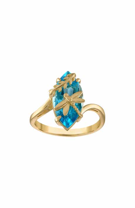 FZN 14K Gold Plated Sterling Silver Swiss Blue Topaz Dragonfly Ring