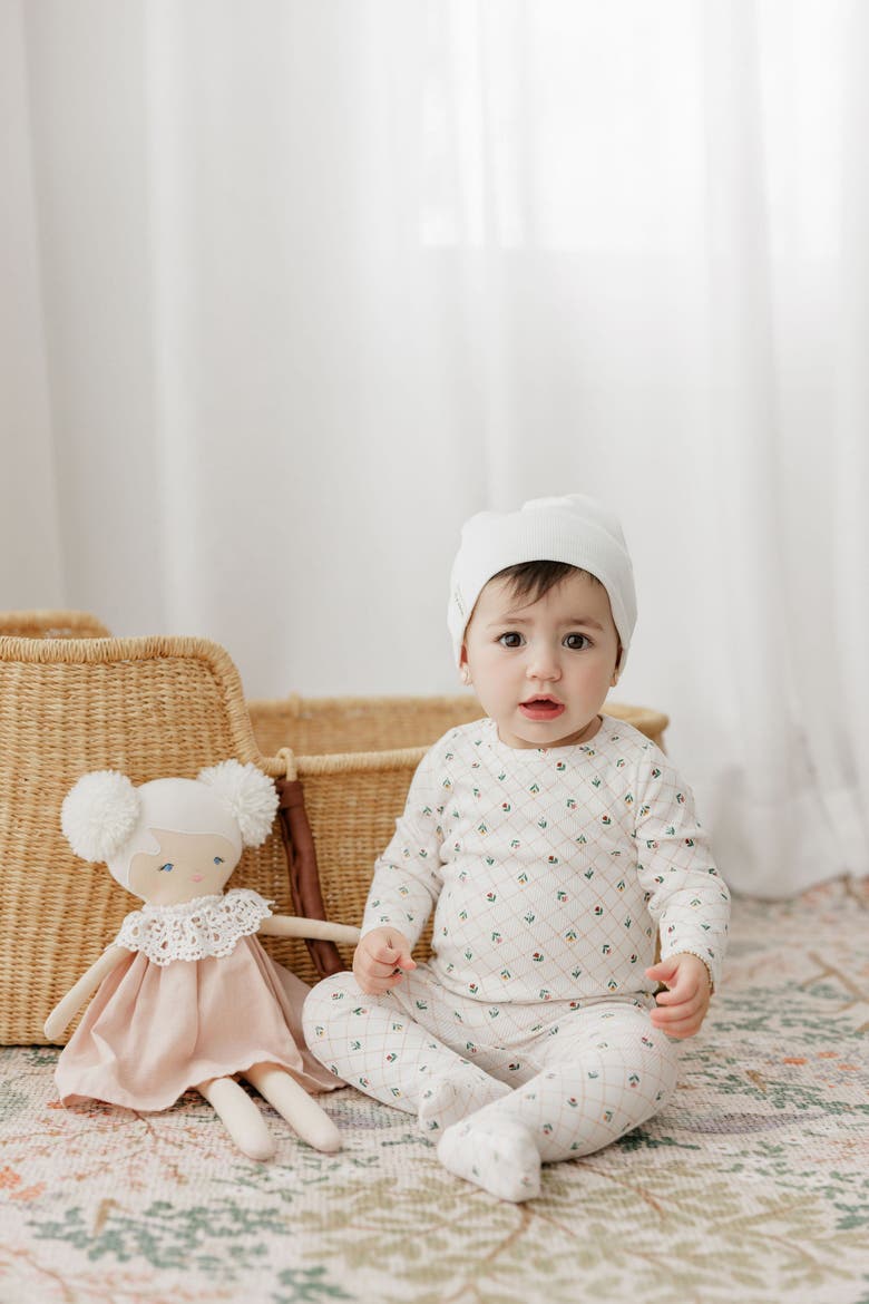 Floral Grid Collection - Footie and Beanie, Alternate, color, Ivory