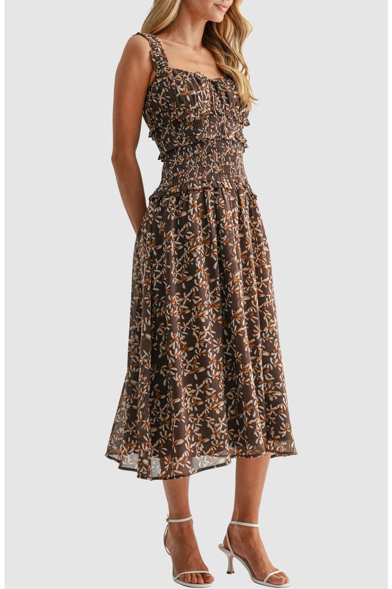 Floral Drop Waist Tiered Midi Dress, Alternate, color, BROWN FLORAL