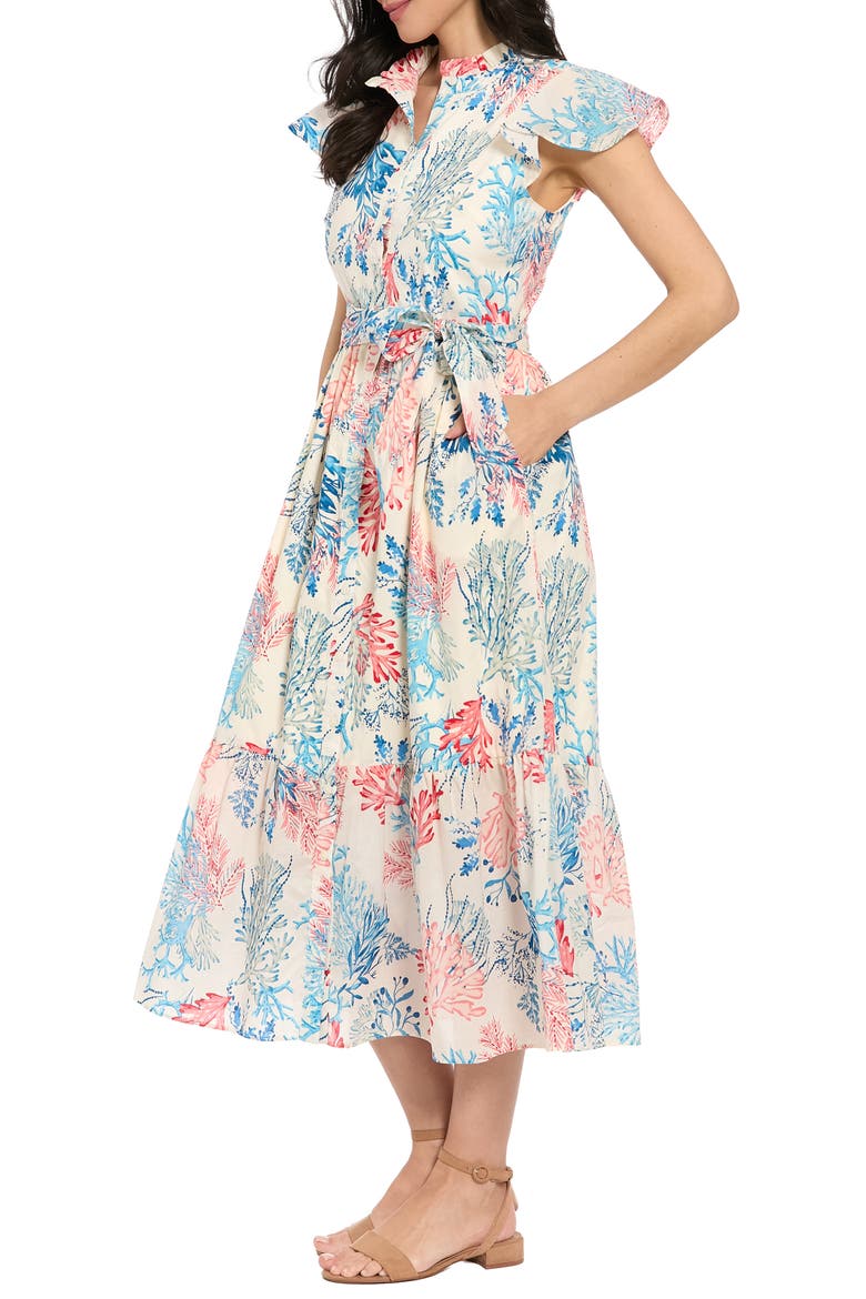 Ruffle Neck Flutter Sleeve Maxi Dress, Alternate, color, IVORY/ CORAL