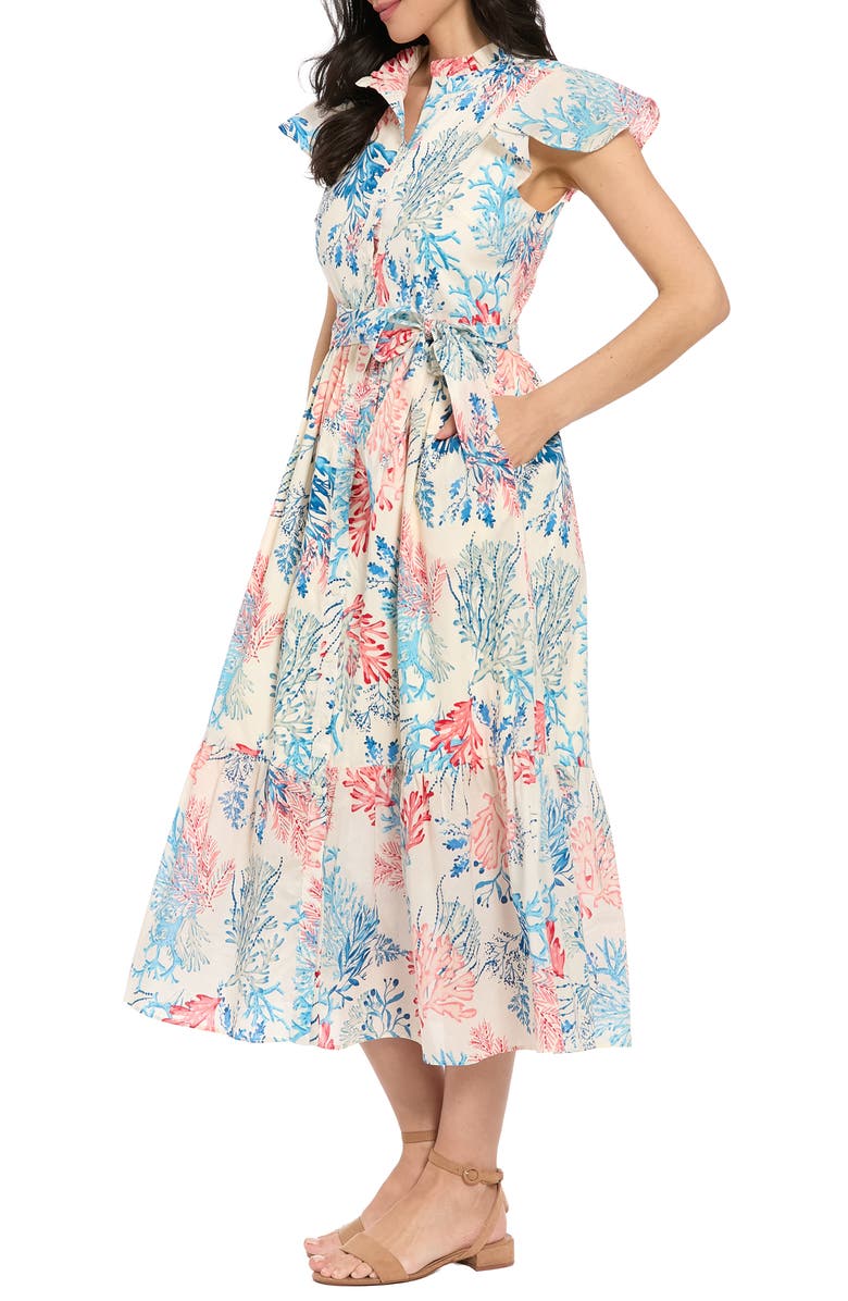 London Times Ruffle Neck Flutter Sleeve Maxi Dress, Alternate, color, Ivory/ Coral