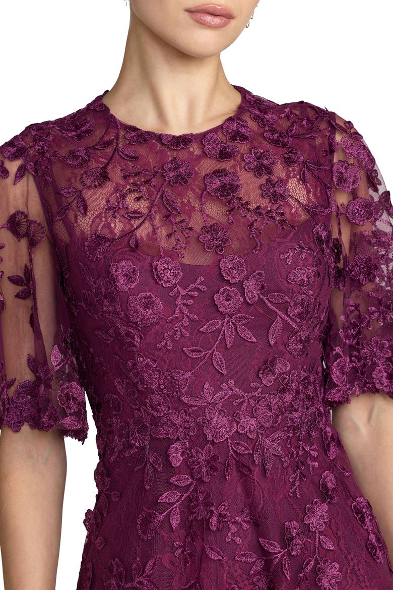 Petite Flutter Sleeve Floral Emboridered Midi Dress, Alternate, color, Aubergine