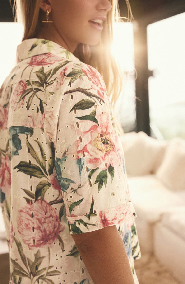 NEXT Floral Broderie Anglaise Short Sleeve Button-Up Shirt, Alternate, color, 