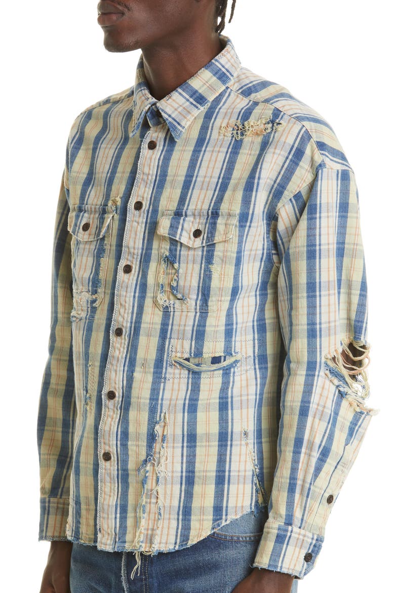 Men's Pioneer Crash Distressed Check Cotton & Linen Button-Up Shirt, Alternate, color, DARK INDIGO