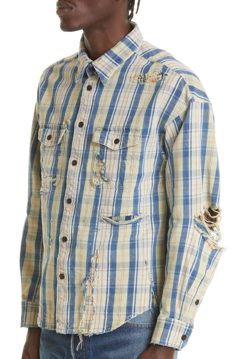 VISVIM Men's Pioneer Crash Distressed Check Cotton & Linen Button-Up Shirt, Alternate, color,