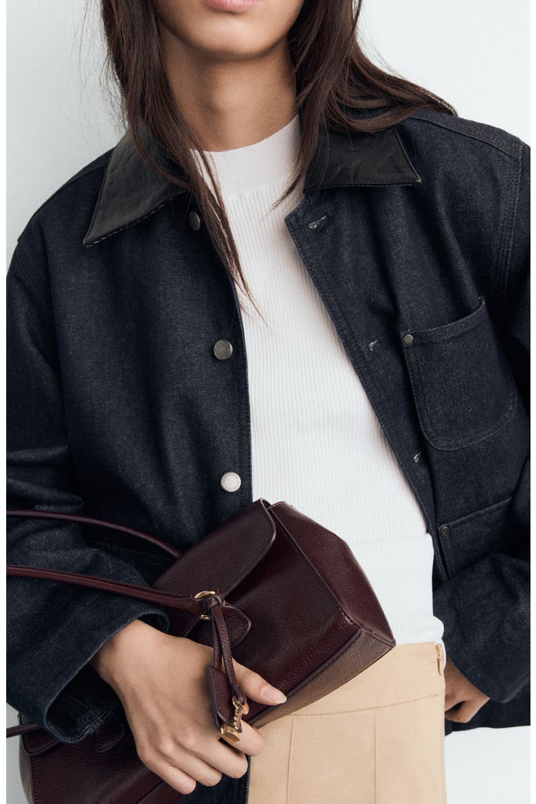 Faux Leather Collar Denim Jacket, Alternate, color, OPEN BLUE
