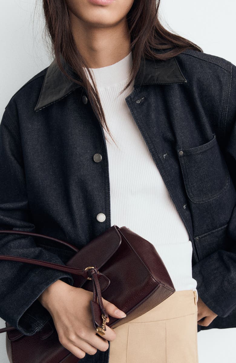 MANGO Faux Leather Collar Denim Jacket, Alternate, color, Open Blue